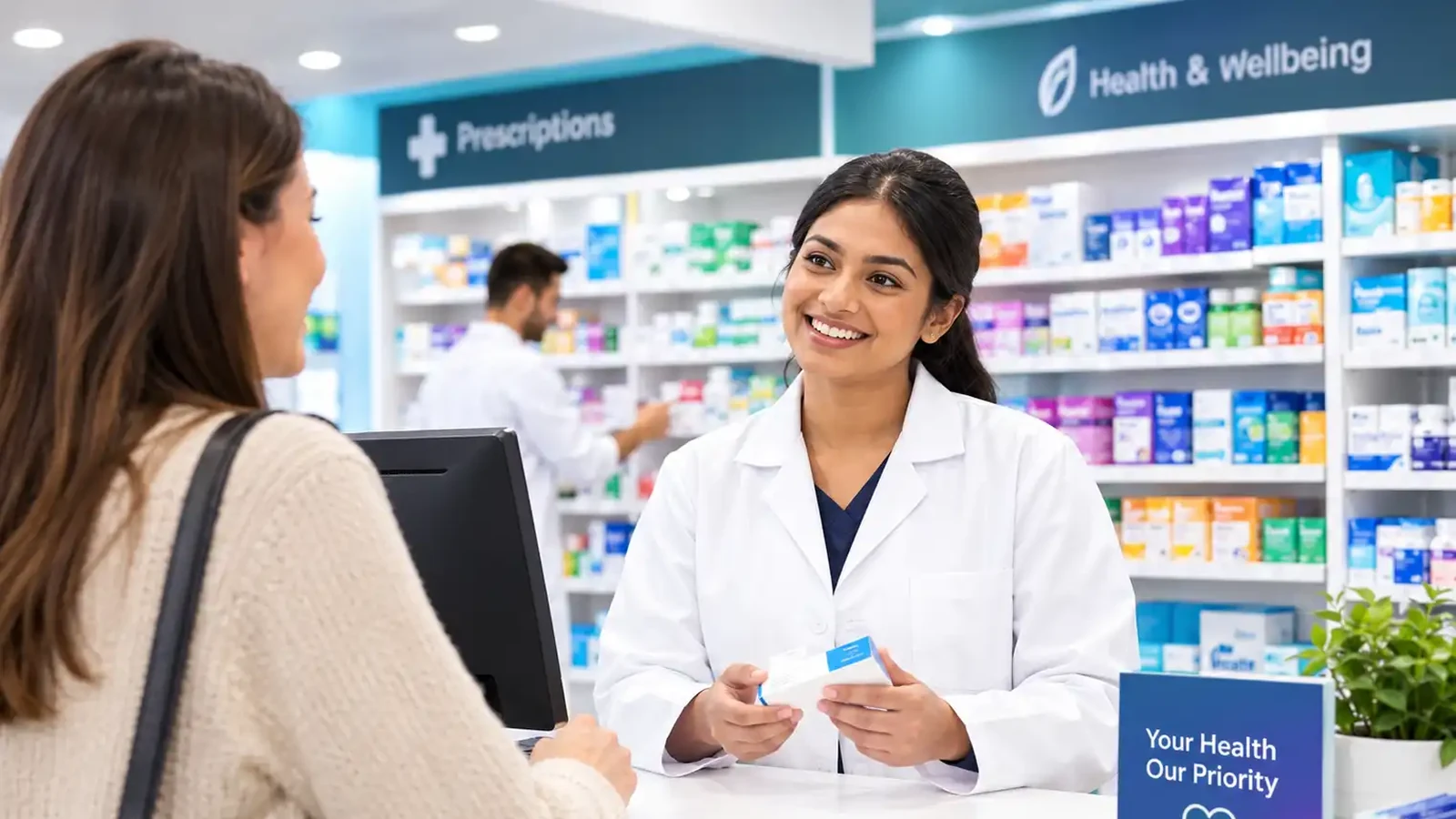 Smiling pharmacist in a white coat holding a medicine box at a pharmacy counter, talking to a customer with a shoulder bag, beneath a Prescriptions sign with a colleague stocking shelves behind — how does the electronic prescription service work