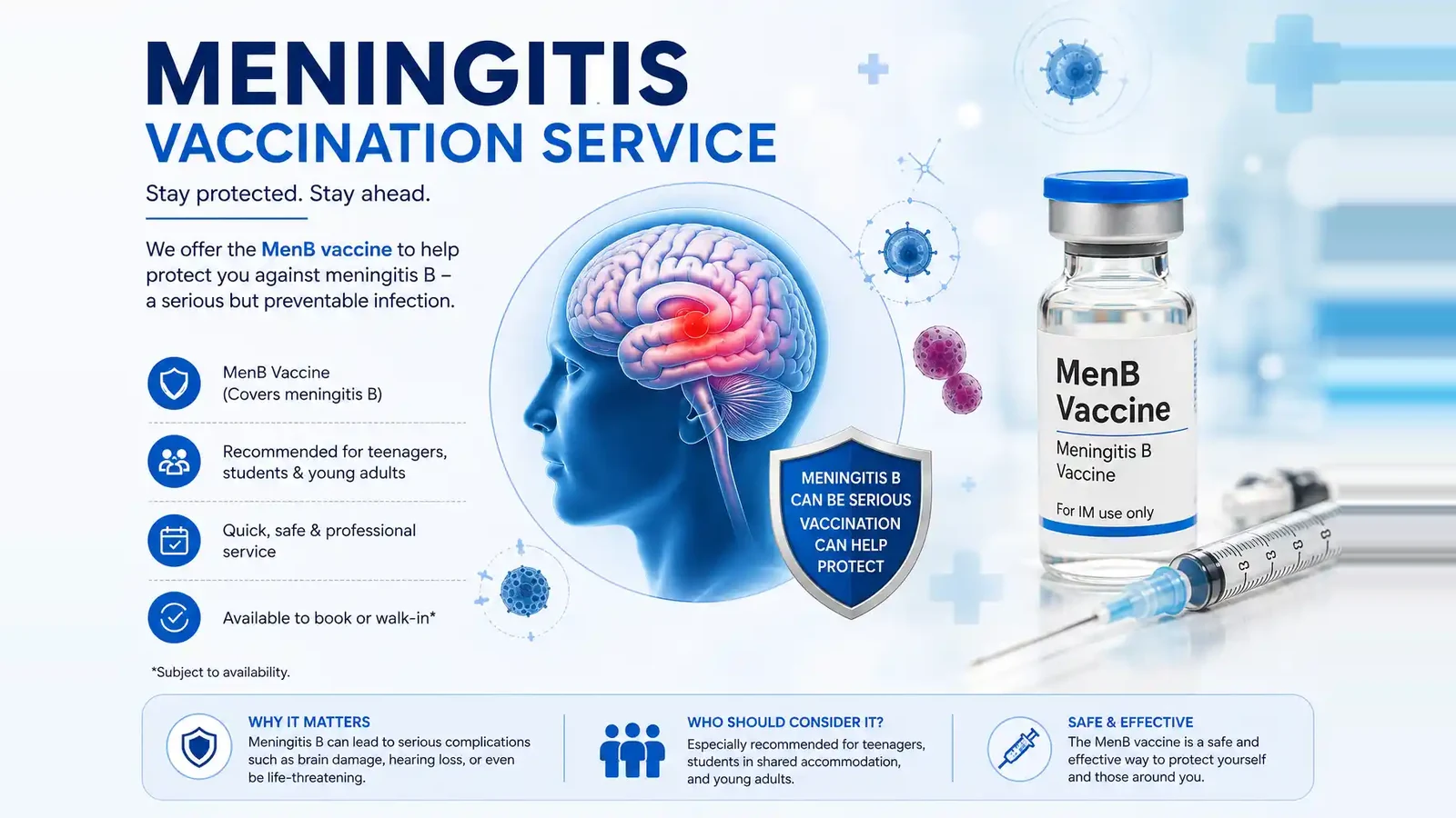 MenB meningitis vaccination service poster: the vaccine is recommended for teenagers, students and young adults, and can be booked or walked in at Garner Chemist Harrow