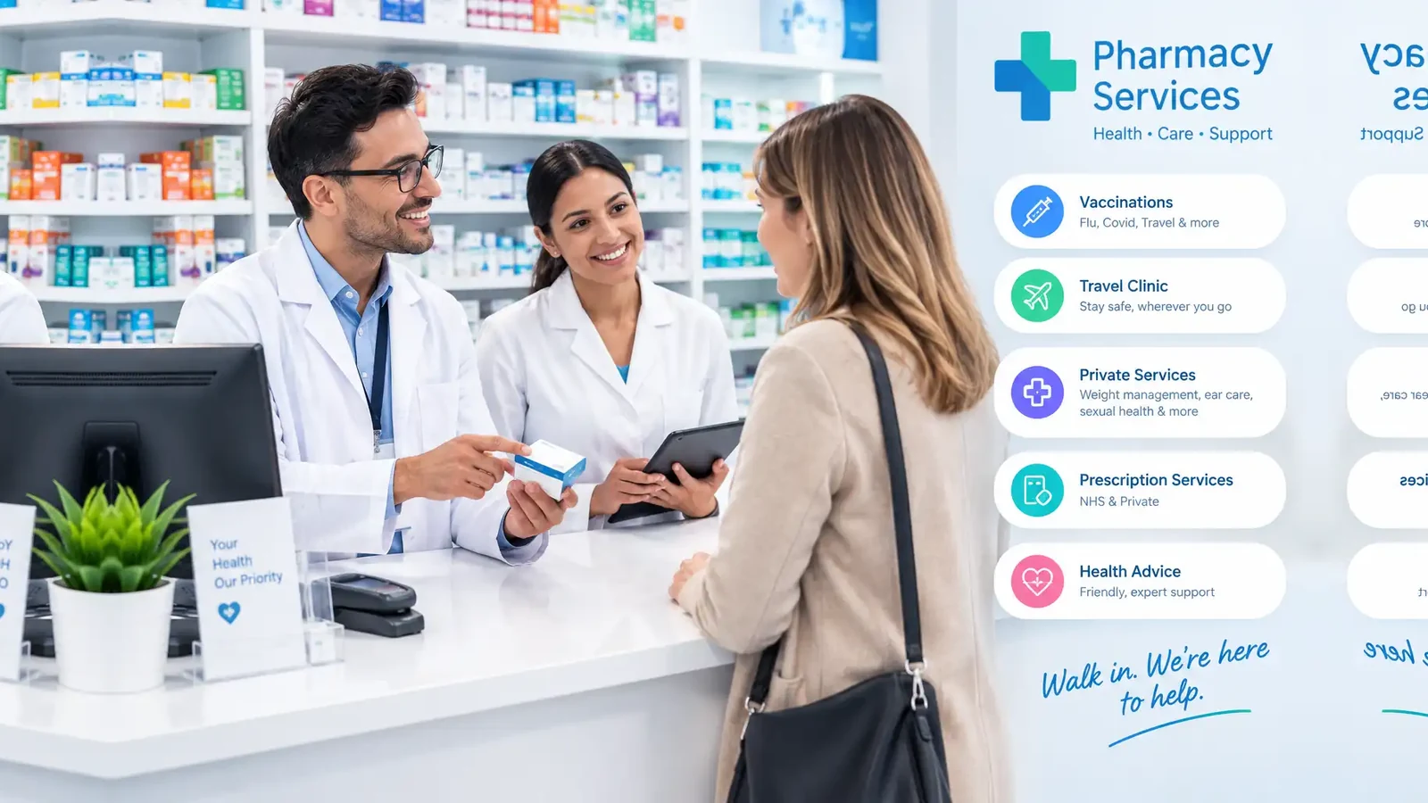 Poster showing two pharmacists in white coats behind a counter talking to a customer, beside a Pharmacy Services panel listing vaccinations, travel clinic, private services, prescription services and health advice — a guide to what a pharmacist can treat
