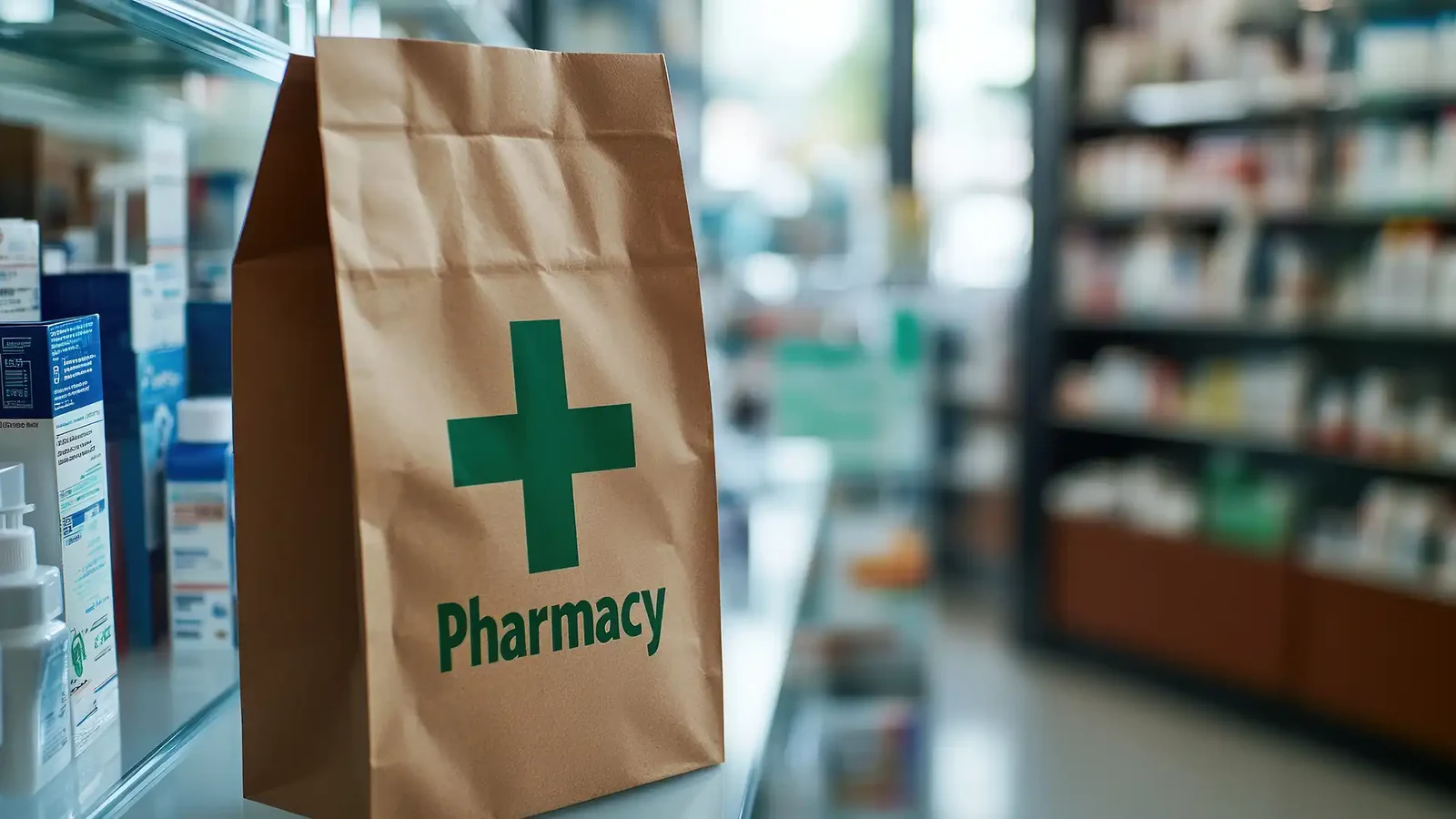 A dispensed prescription bagged and ready for collection or home delivery at Garner Chemist in Harrow